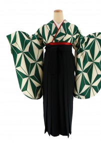 卒業式袴レンタルNo.771[レトロモダン]深緑×白・麻の葉・幾何学文様